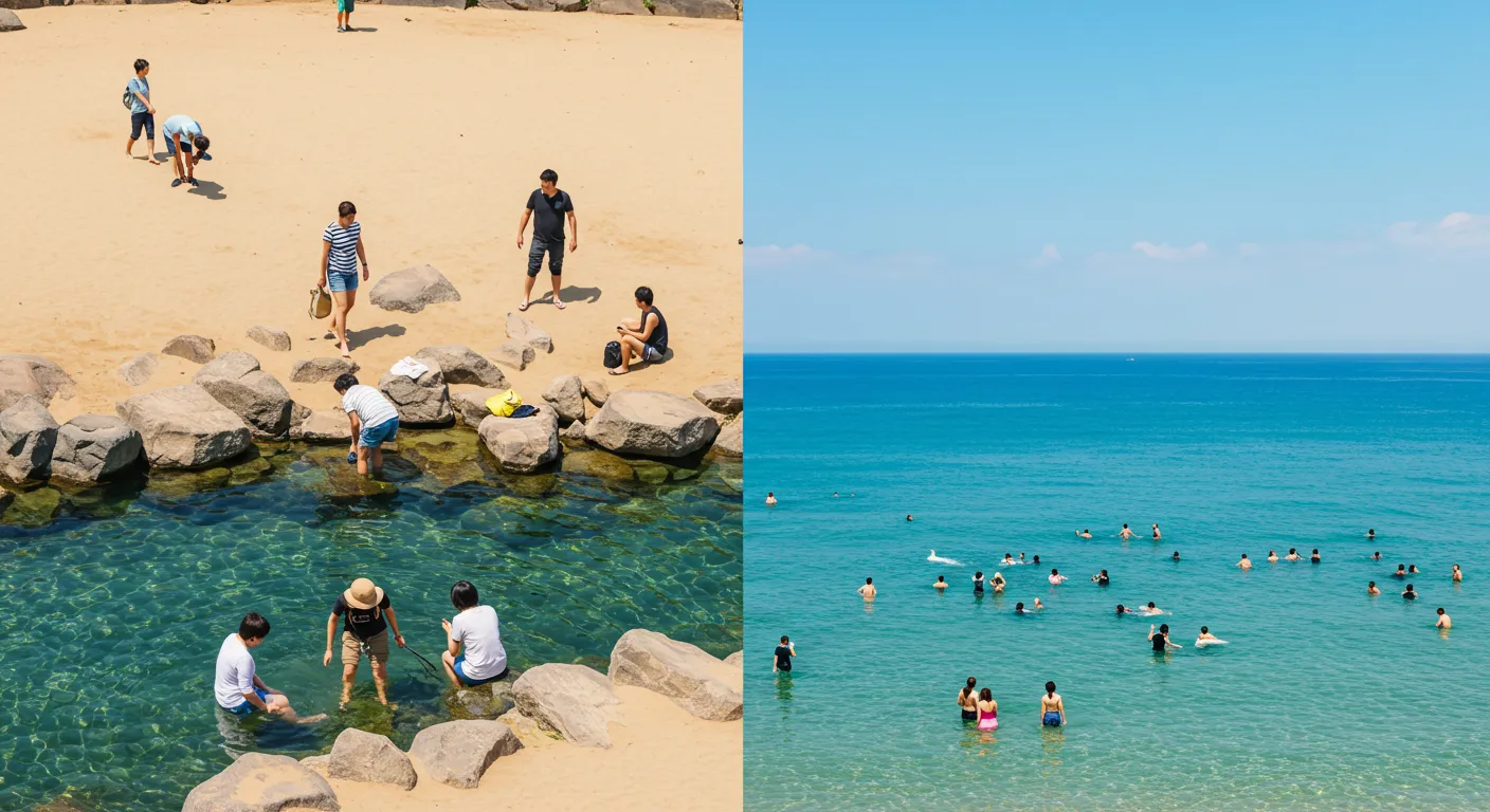 계곡과 바다에서 물놀이하는 사람들