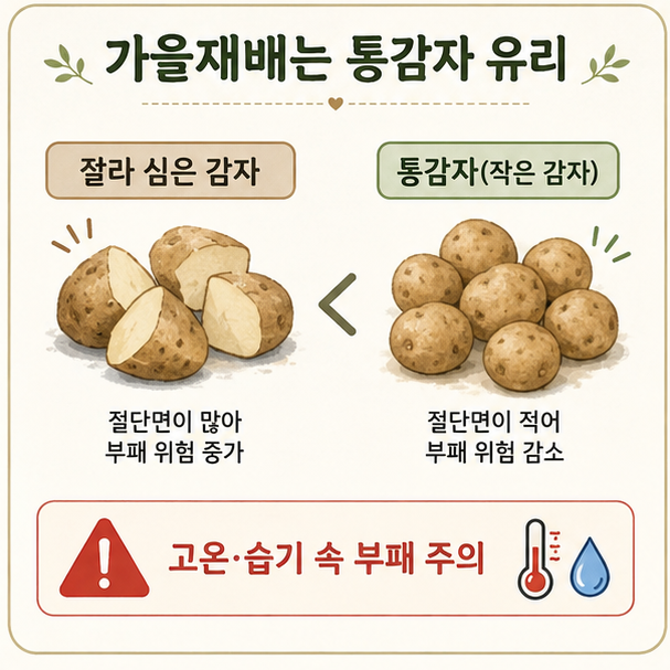 절단 씨감자와 작은 통감자를 비교해 가을재배용 씨감자 선택을 설명한 이미지