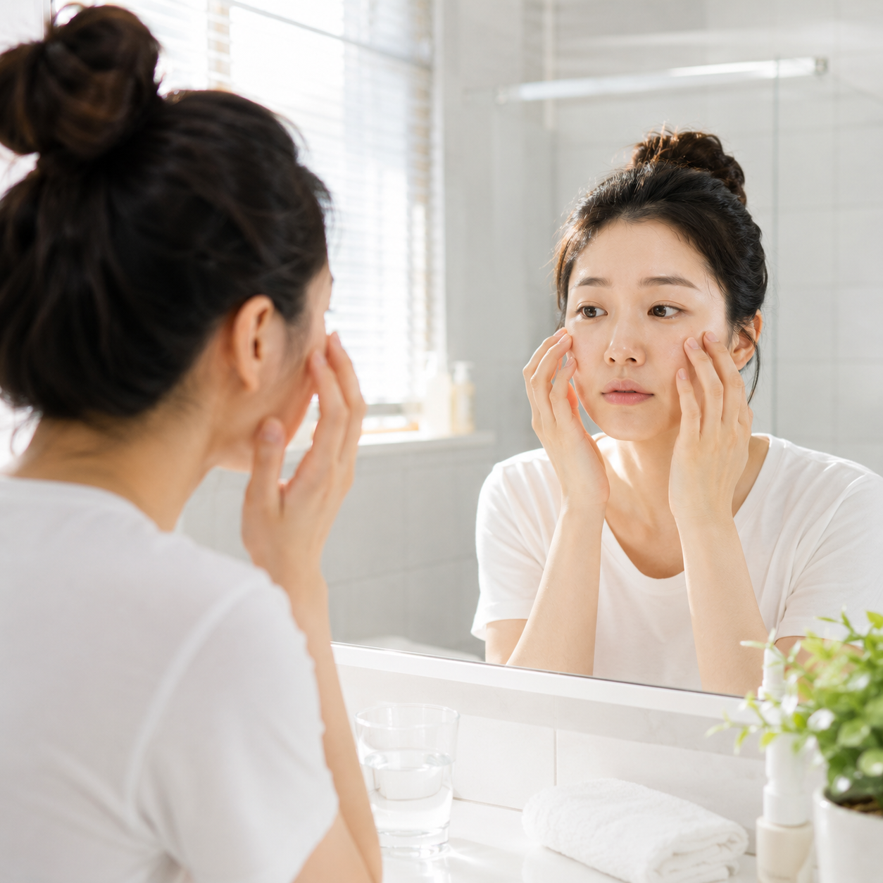 아침에 거울을 보며 얼굴 붓기를 확인하는 모습