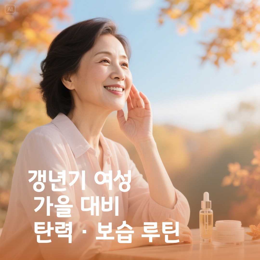 갱년기 여성이 가을 햇살 아래 화장품을 보며 웃는 모습, 가을 대비 탄력 및 보습 관리