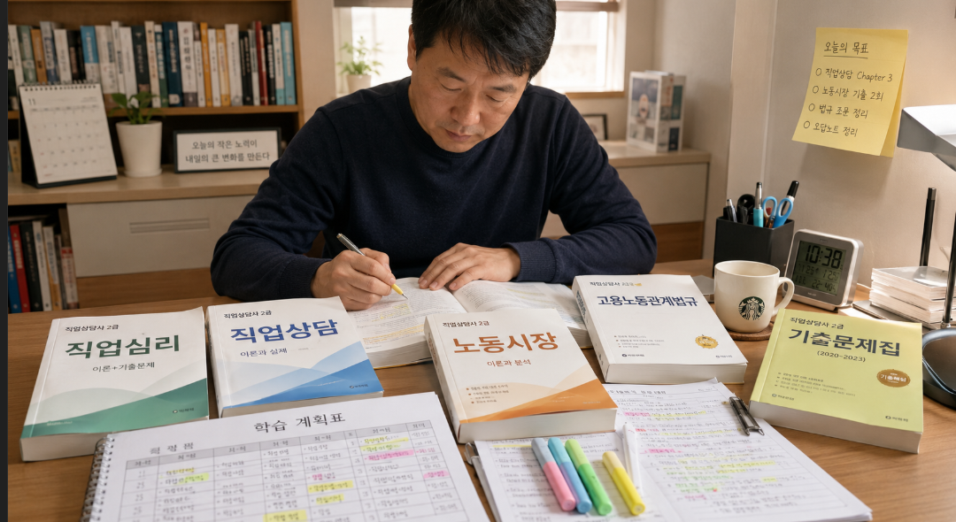 직업상담사 2급 시험 과목과 기출문제를 공부하는 중장년 수험생