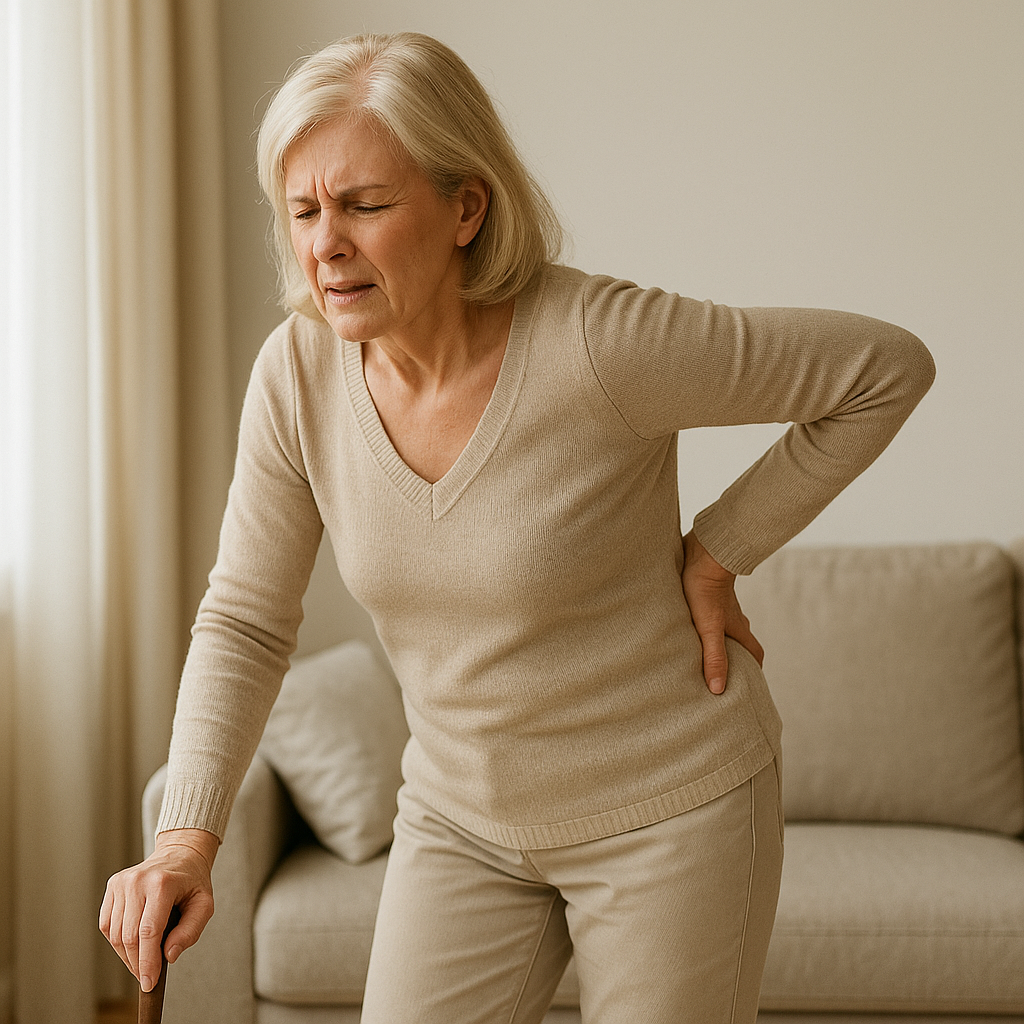 골다공증으로 허리를 짚고 통증을 느끼는 중년 여성