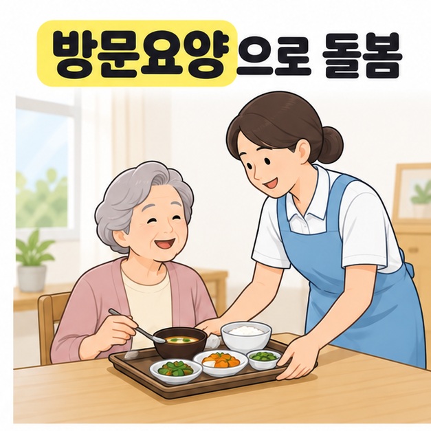 방문요양으로 돌봄 문구 아래 요양보호사가 식탁에 앉은 어르신 앞에 식사 쟁반을 놓아 주는 장면