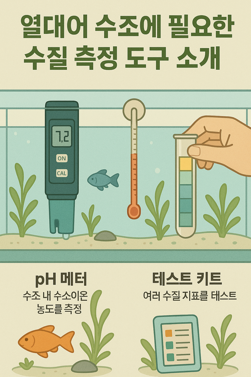 물속에 설치된 수질 측정 도구들을 소개하는 인포그래픽 이미지입니다. 상단에는 "열대어 수조에 필요한 수질 측정 도구 소개"라는 제목이 굵은 초록색 글씨로 쓰여 있고, 그 아래에는 열대어 수조 안에서 사용되는 세 가지 도구가 일러스트로 표현되어 있습니다:

pH 미터 &ndash; 수조 안에 설치된 디지털 장비로, 화면에 "7.2"라고 표시되어 있으며 수소 이온 농도를 측정하는 도구입니다.

수온계 &ndash; 빨간색 수은주가 들어간 아날로그 온도계가 물속에 걸려 있습니다.

수질 테스트 키트 &ndash; 손이 시험관을 들고 있으며, 내부에는 여러 색상으로 구분된 수질 측정 결과가 보입니다.

하단에는 "pH 미터 &ndash; 수조 내 수소이온 농도를 측정" 및 "테스트 키트 &ndash; 여러 수질 지표를 테스트"라는 설명이 각각 아이콘과 함께 배치되어 있습니다. 수조 안에는 수초와 열대어들이 자연스럽게 함께 그려져 있어, 실사용 환경을 생생하게 보여줍니다.