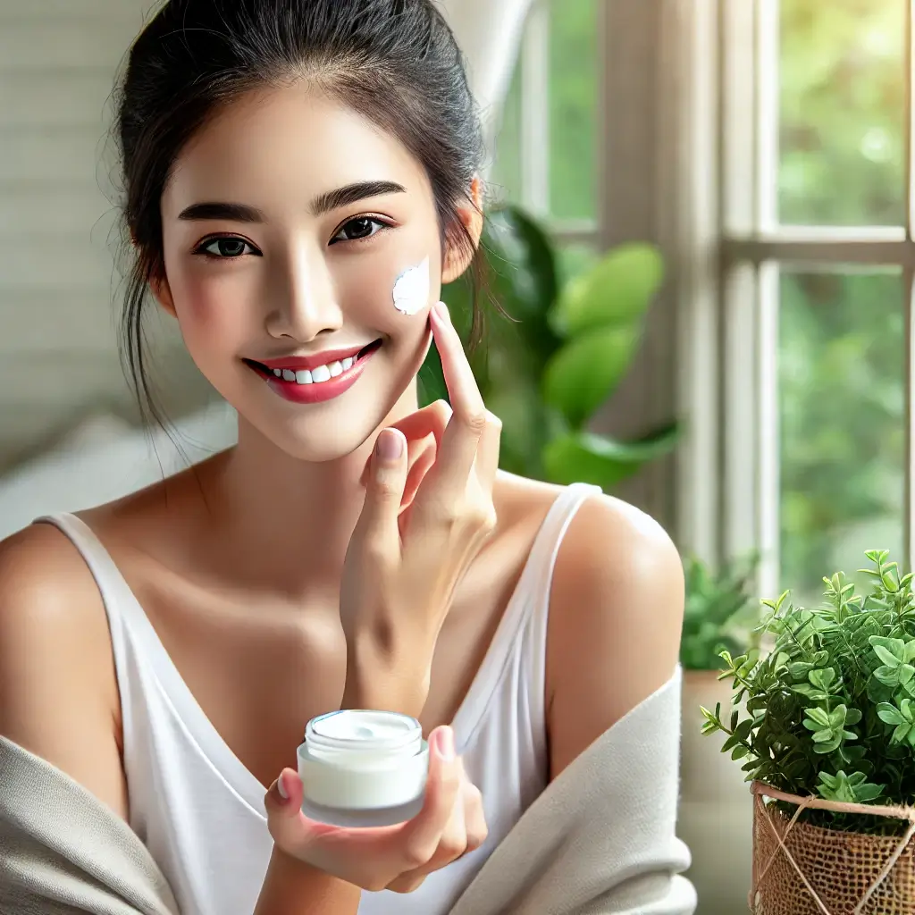 밝은 창가에서 비건 화장품 크림을 뺨에 바르는 건강한 피부의 젊은 여성, 자연스러운 스킨케어와 신선한 라이프스타일 강조