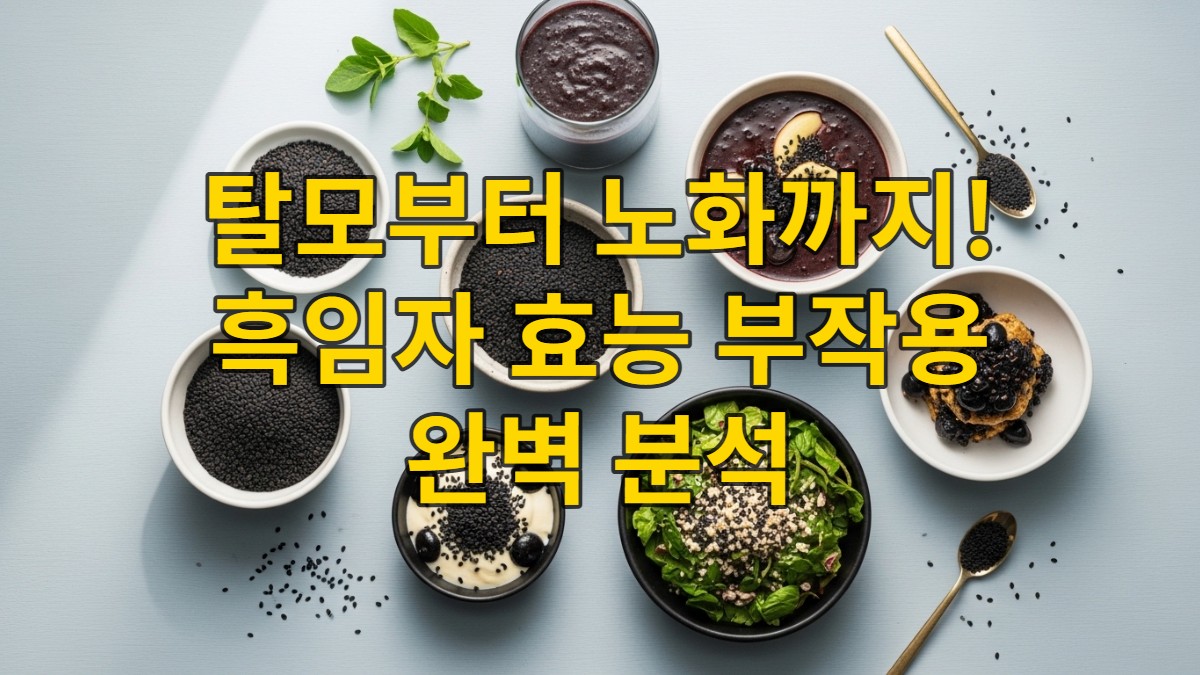 탈모 예방과 노화 방지에 좋은 흑임자 씨앗, 흑임자 가루, 그리고 흑임자로 만든 건강한 음식들이 담긴 식탁.