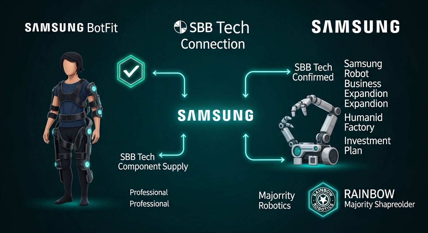 SBB Tech Samsung Electronics connection infographic dark teal background center Samsung logo glowing left panel Samsung BotFit wearable exoskeleton robot person wearing it green check badge SBB Tech component supply confirmed right panel Samsung robot business expansion humanoid robot arm factory investment plan badge bottom Rainbow Robotics majority shareholder badge glowing teal connection arrows from Samsung center to both panels English labels professional dark