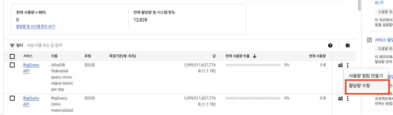 api하나의 할당량 수정버튼 누르는 화면
