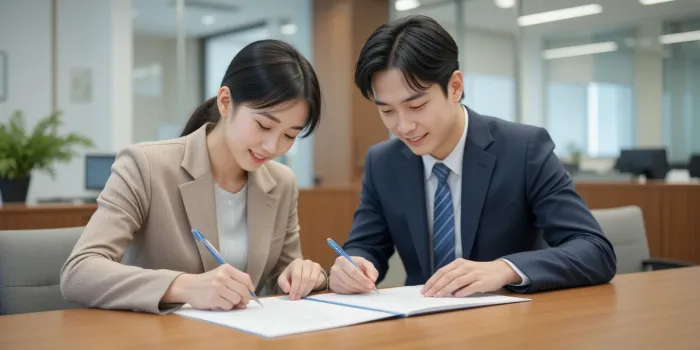 보조금 신청을 위해 서류에 서명하는 부부