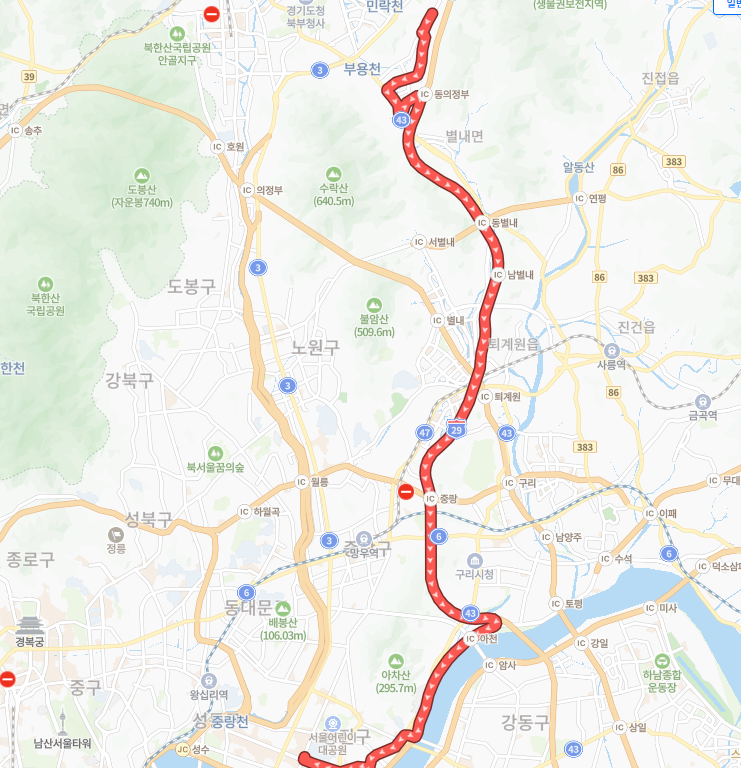 서울-의정부-P9404(출근)번-버스-노선-지도