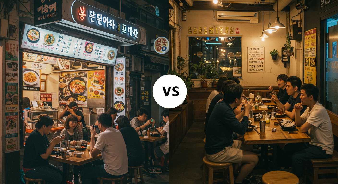 제주 한 달 살기 동안 로컬 맛집과 카페를 찾는 것의 중요성을 보여주는, 관광객과 현지인의 식사 모습 대비