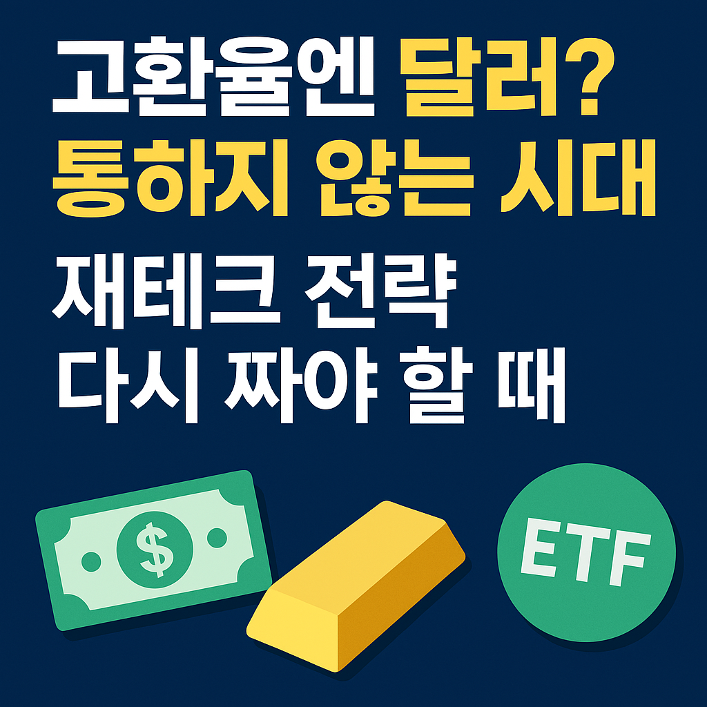 고환율 시대 재테크 전략을 다룬 썸네일 이미지, 달러와 금 아이콘 중심의 재테크 키워드 강조