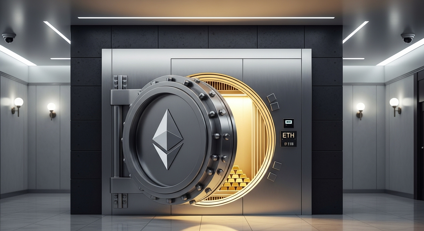 비트코인/이더리움 로고와 전통적인 은행 금고가 결합된 이미지. 제도권 편입을 상징