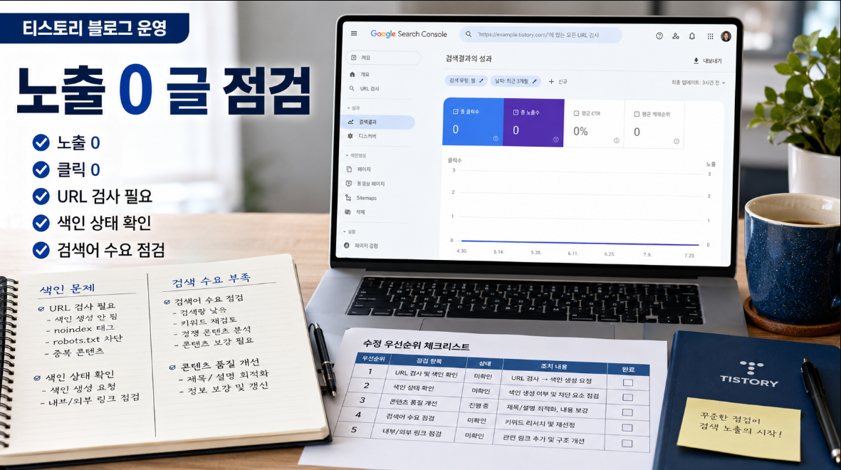 티스토리 블로거가 구글 서치 콘솔에서 검색 노출 0인 글의 색인 상태와 검색 수요를 점검하는 이미지