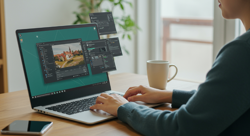 7인치 대화면 노트북으로 여러 작업을 동시에 처리하며 효율적으로 일하는 사용자. 노트북 화면에는 다양한 창이 열려 있고, 사용자는 편안한 표정으로 생산성을 높이고 있습니다.