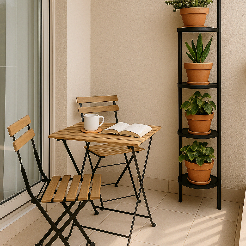 작은 발코니에 접이식 테이블과 수직 화분대가 함께 배치된 모습