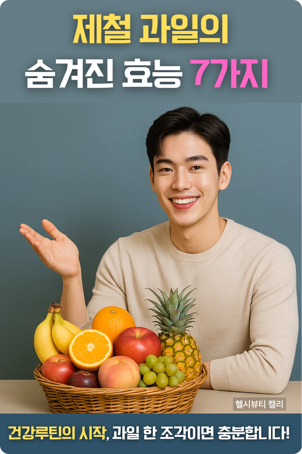 과일 바구니를 앞에 두고 미소 짓는 20대 남성