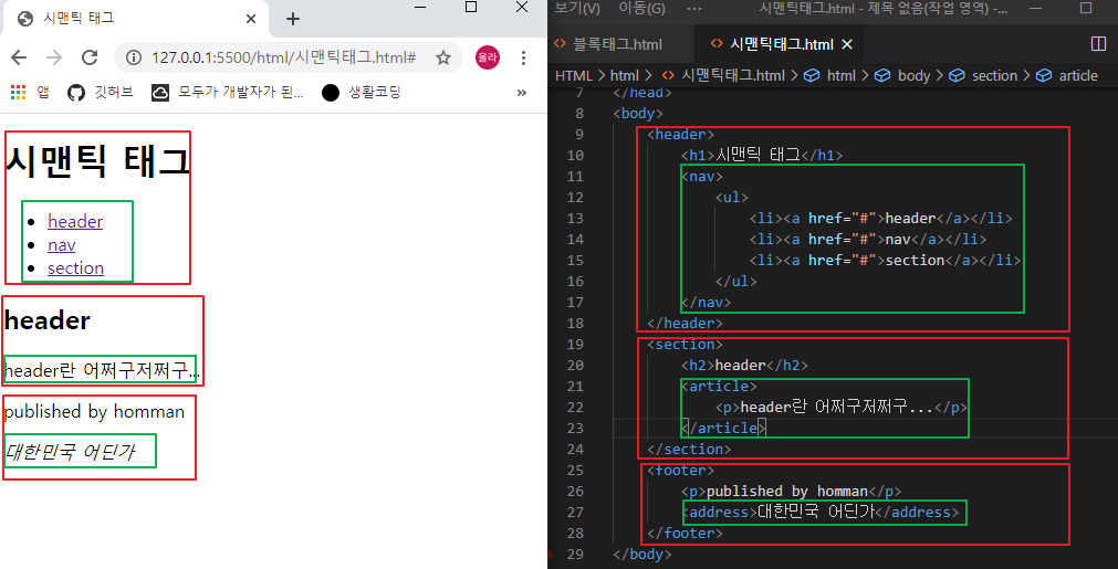 시맨틱 태그 사용 예시 이미지