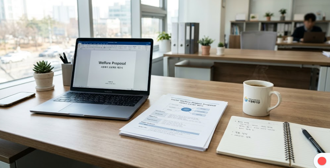 깔끔한 사무실 책상 위, 사회복지 사업계획서 서류와 노트북이 놓여 있고 열정적으로 일하는 분위기