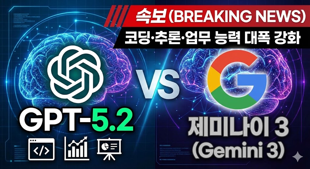 오픈AI(OpenAI) 신규 모델 GPT-5.2 출시 속보 그래픽. 구글 제미나이 3에 맞서 인간식 추론 및 엑셀·PPT 생성 등 업무 능력이 대폭 강화된 차세대 AI 시각화.