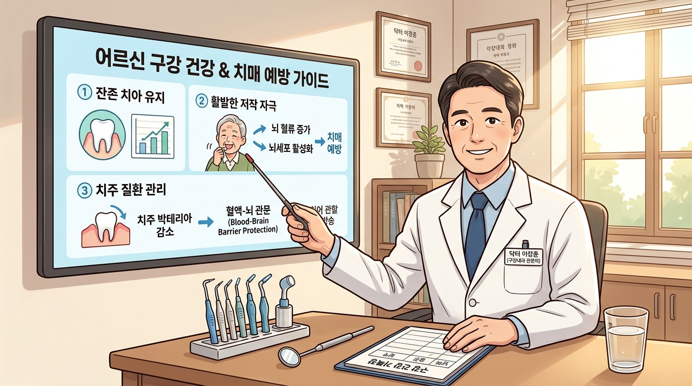 밝고 정돈된 대학병원 구강내과 진료실에서 보건 의학 전문가 선생님이 대형 인포그래픽 모니터를 가리키며 잇몸 염증과 자연 치아 소실이 유발하는 혈뇌장벽 돌파 및 베타 아밀로이드 축적 생리학적 메커니즘을 조목조목 설명하고, 노년기 구강 관리 수칙과 치매 예방의 첫걸음: 노년기 구강 관리와 치매 발생률의 밀접한 상관관계에 대한 정답으로 올바른 치간 솔 및 저작 운동 훈련법을 노인 환자에게 다정하게 안내해 주는 2D 일러스트 이미지.