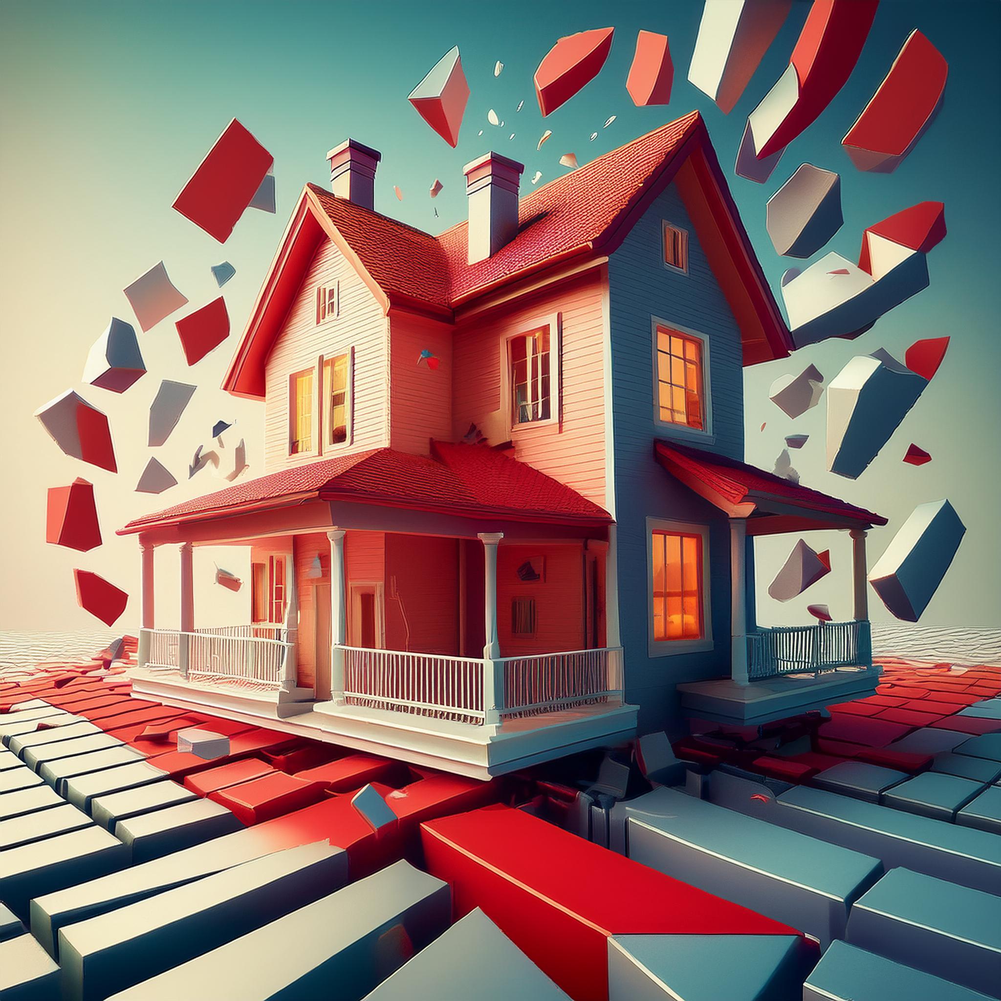 상속 재산의 분배를 나타내기 위해 집이 여러 조각으로 나뉘는 개념적 이미지.