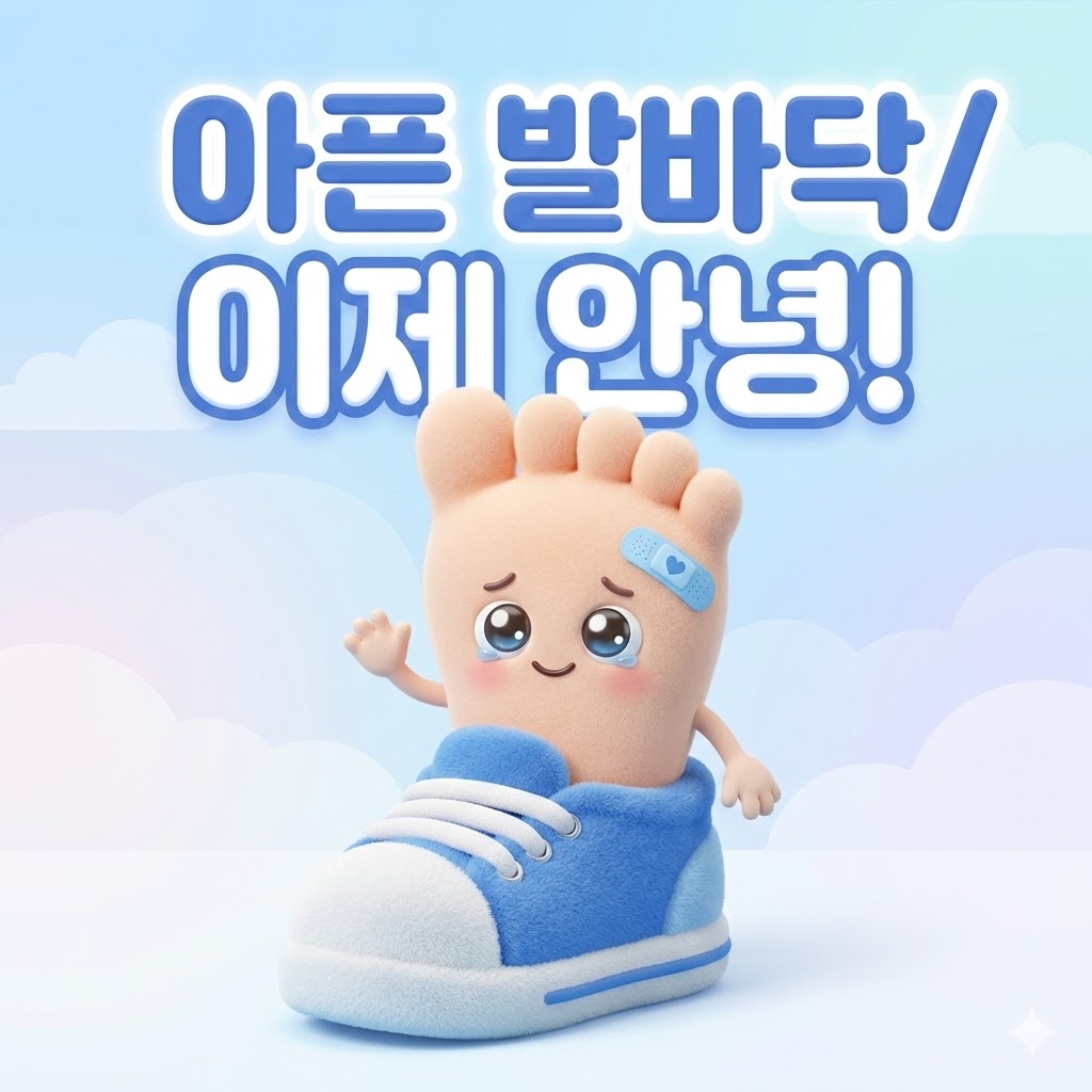 발뒤꿈치에 밴드를 붙이고 편안한 운동화를 신은 귀여운 발 캐릭터가 '아픈 발바닥 이제 안녕!' 문구와 함께 족저근막염 치료 후 희망을 표현하는 모습.