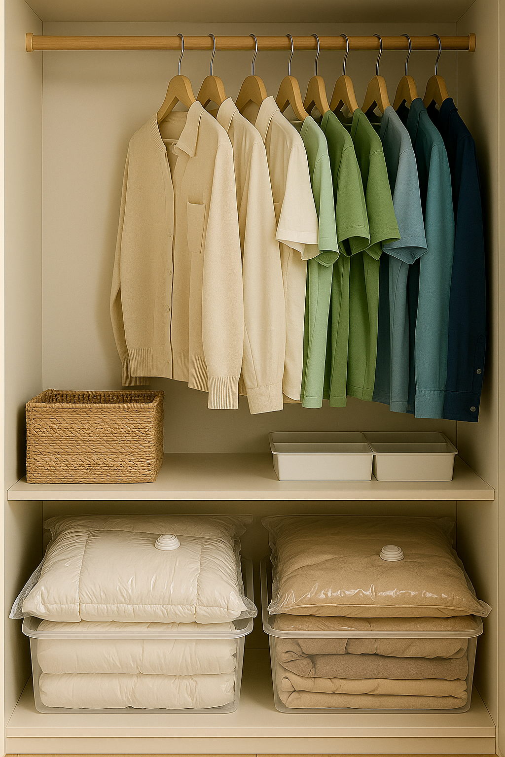 겨울옷과 이불은 진공팩에 넣고 여름옷을 전면에 배치한 옷장 내부