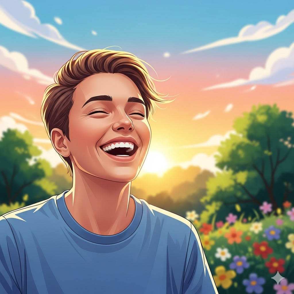 야외에서-활짝-웃고-있는-건강한-사람의-밝은-디지털-일러스트레이션.-웃음이-면역력-증진에-미치는-긍정적인-영향과-행복한-상태를-상징하는-이미지입니다.