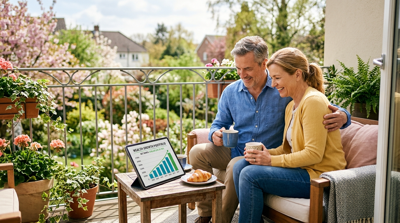 따뜻한 봄볕이 내리쬐는 테라스에서 여유롭게 커피를 마시며, 스마트폰으로 안정적으로 우상향하는 자산 그래프를 확인하는 행복한 모습