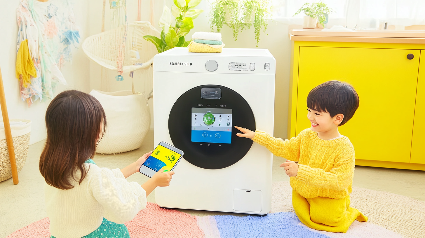 스마트폰 앱을 통해 스마트 제어 기능을 사용하는 아이와 함께 삼성 AI 세탁기를 사용하는 가족을 생생하게 보여주는 장면입니다.