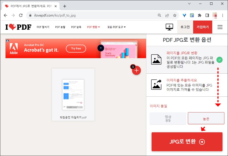 PDF JPG로 변환 옵션