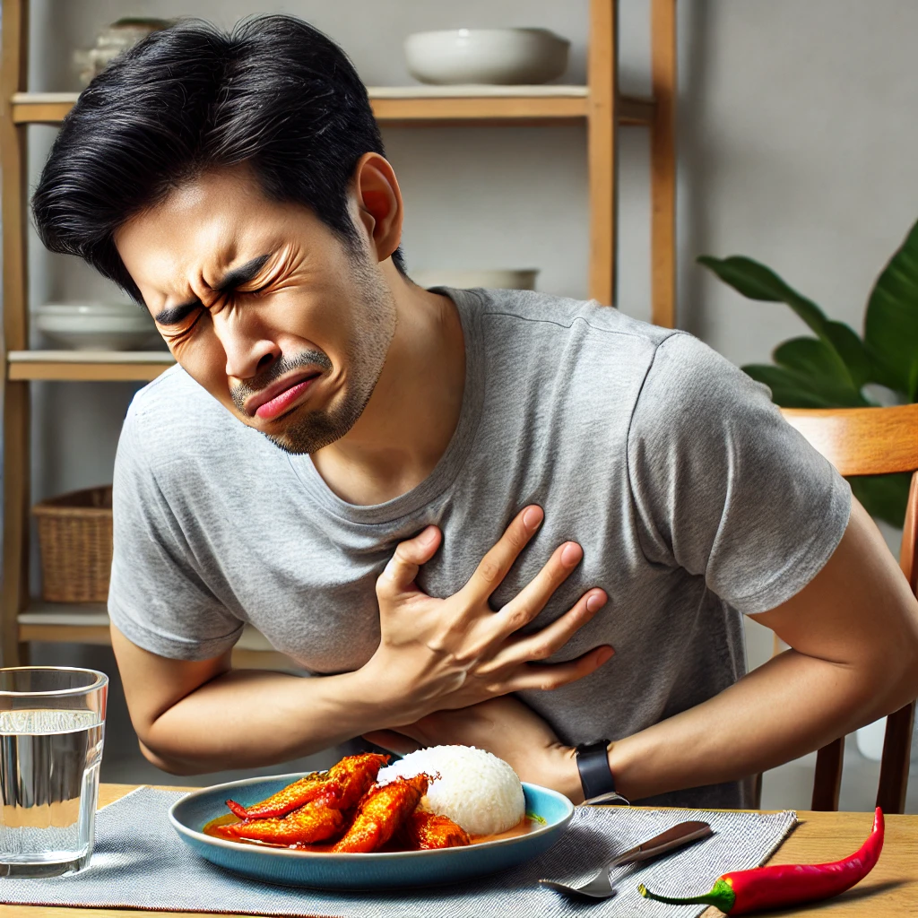 매운 음식을 먹고 속 쓰림을 느끼는 남성