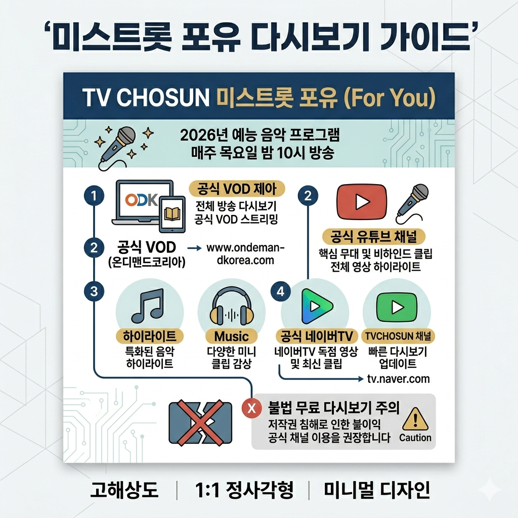 미스트롯 포유 다시보기|공식 VOD·무료 클립·방송 시간 확인 방법 인포그래픽