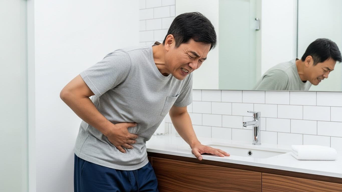 쥐어짜는 듯한 왼쪽 아랫배 통증을 느끼는 모습