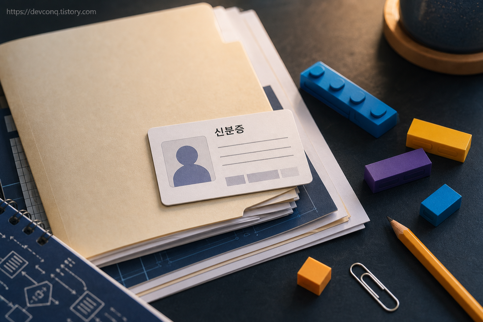 프로젝트 폴더 맨 위에 놓인 package.json 파일을 신분증처럼 표현한 장면