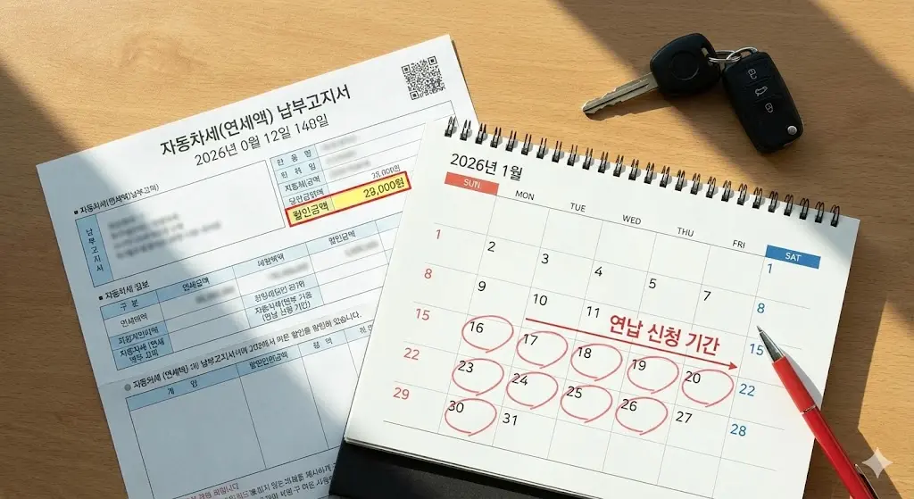 '자동차세 고지서와 1월 달력 이미지'