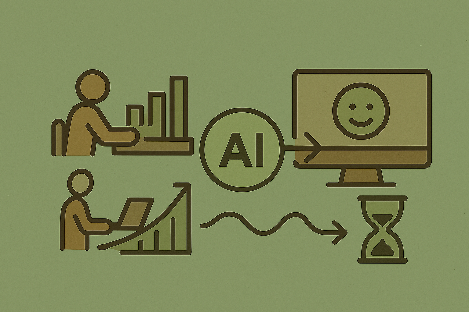 AI 도입 전후의 업무환경 변화를 여정적 흐름으로 표현한 포레스트 톤의 감성 일러스트