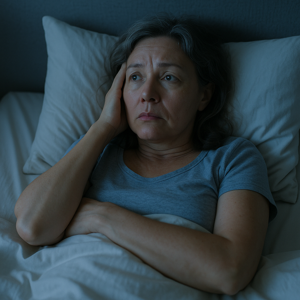 불면증으로 잠들지 못하는 갱년기 여성 이미지