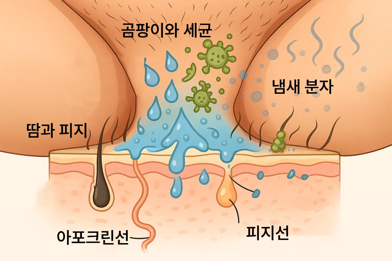 사타구니 부위 단면 구조에서 땀샘(에크린선, 아포크린선)과 피지선 위치 표시, 통풍이 되지 않는 피부 접힘 부위에 땀과 피지가 고이는 모습, 세균·곰팡이가 번식하며 냄새 분자 아이콘이 퍼져나가는 그래픽, 체모가 땀을 머금고 있는 장면