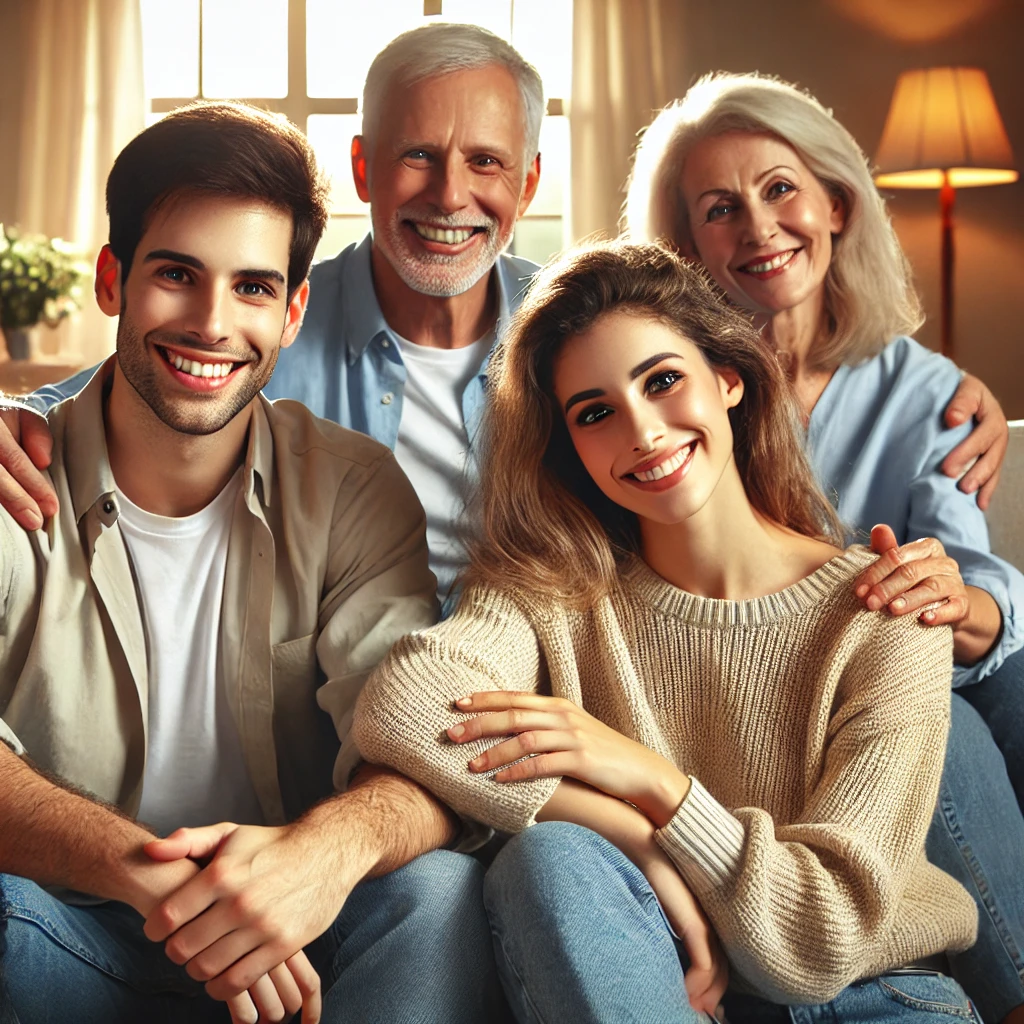 상속 문제 해결 후 웃는 가족: 상속 문제 해결 후 가족이 안도하며 웃고 있는 장면. 문제 해결의 기쁨을 표현하는 따뜻한 분위