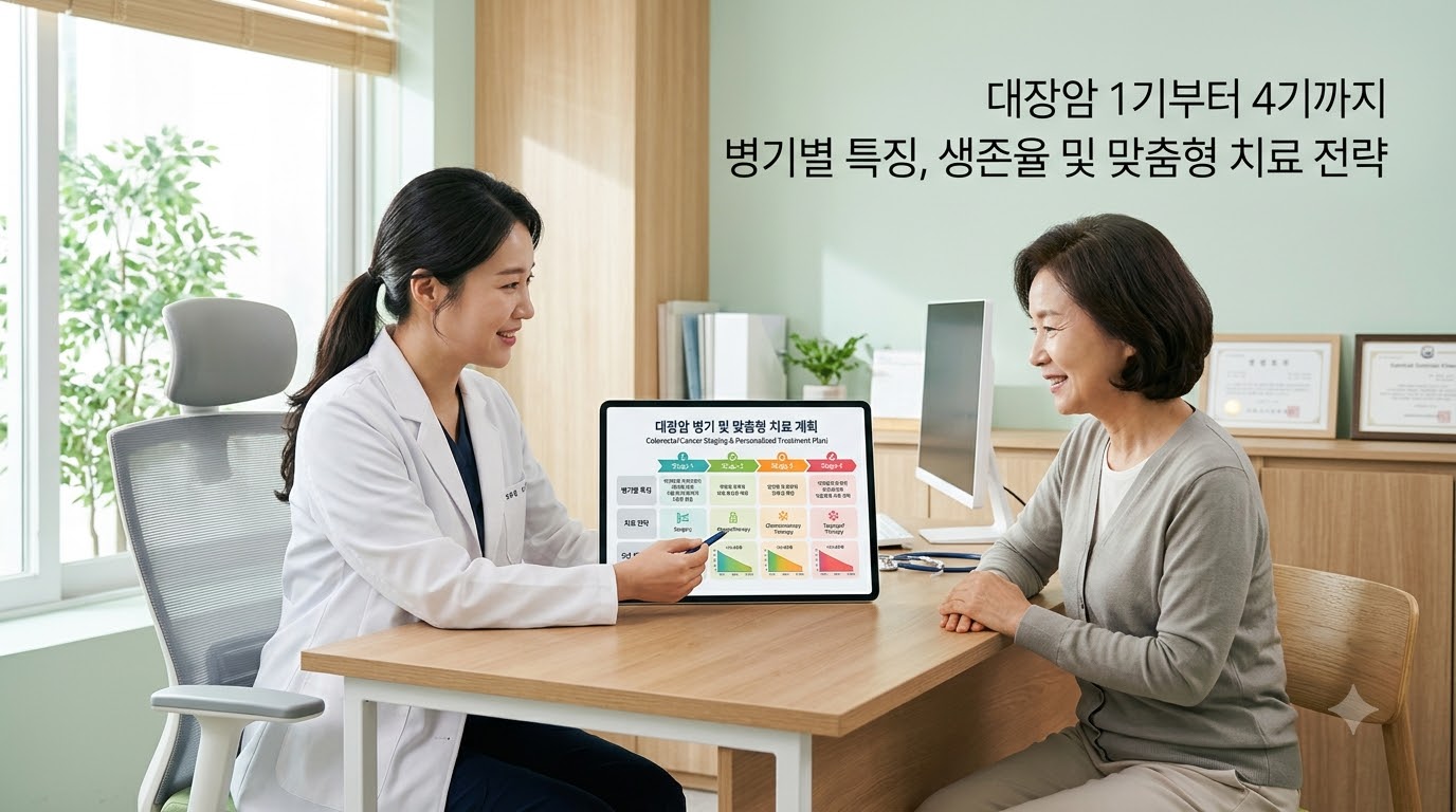최첨단 의료 진료 환경이 갖춰진 밝고 신뢰감 주는 진료실에서 전문 의료진과 환자가 밝은 표정으로 대장암 병기별(1기~4기) 특징과 생존율, 맞춤형 치료 전략 차트를 함께 보며 차분하게 상의하고 있는 모습. '대장암 1기부터 4기까지', '병기별 특징, 생존율 및 맞춤형 치료 전략'이라는 문구가 적혀 있어, 단계별 대장암 치료의 중요성과 희망을 시각화함.