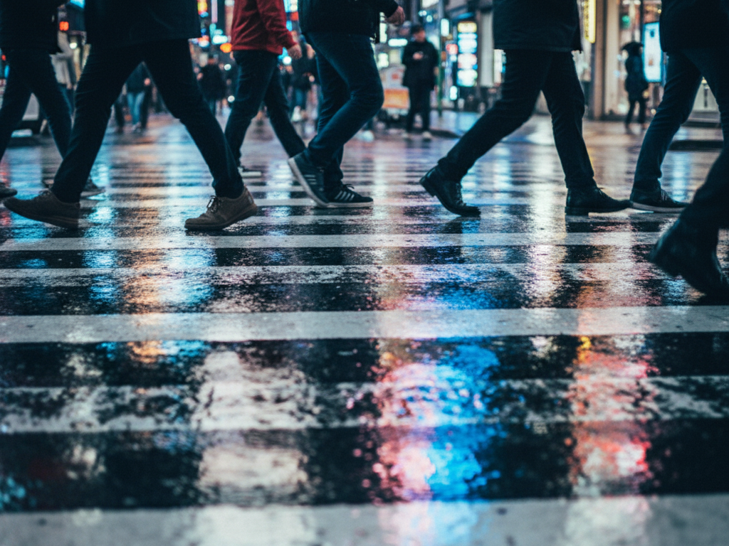 젖은 아스팔트 위 횡당보도를 건너는 사람들