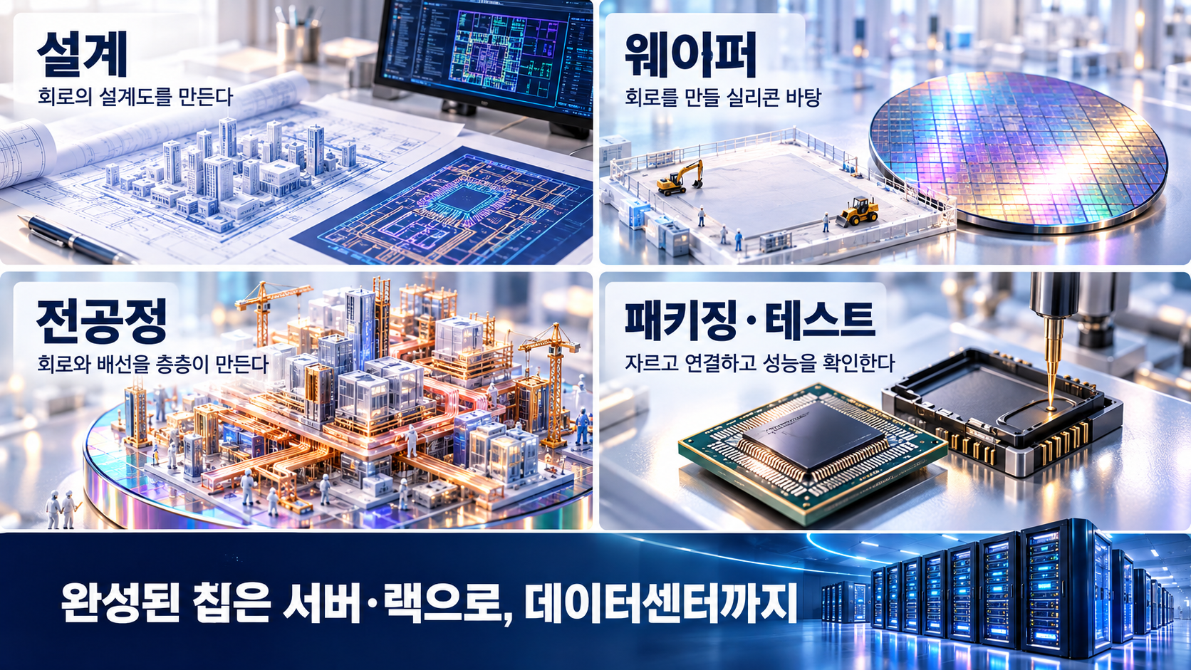 설계, 웨이퍼, 전공정, 패키징·테스트의 역할과 완성된 칩이 서버·데이터센터로 연결되는 흐름을 표현한 이미지.
