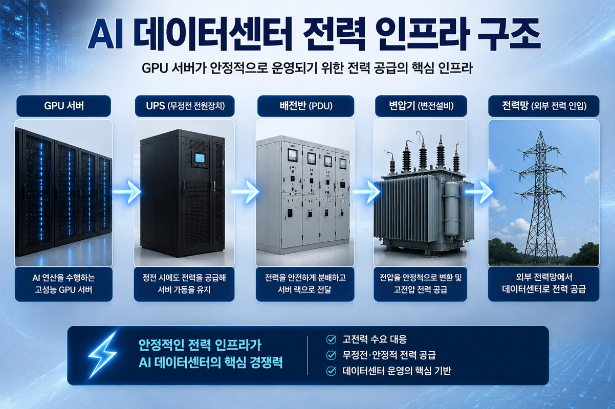 AI 데이터센터 전력 인프라 구조를 보여주는 인포그래픽으로 GPU 서버, UPS, 배전반, 변압기, 외부 전력망까지의 전력 공급 과정을 단계별로 설명한 이미지