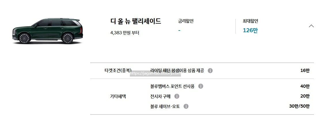 25년 12월 디 올 뉴 팰리세이드 라이팅 패턴 평생 이용, 블루멤버스 포인트 선사용, 전시차 구매, 블루 세이브오토 구매 혜택