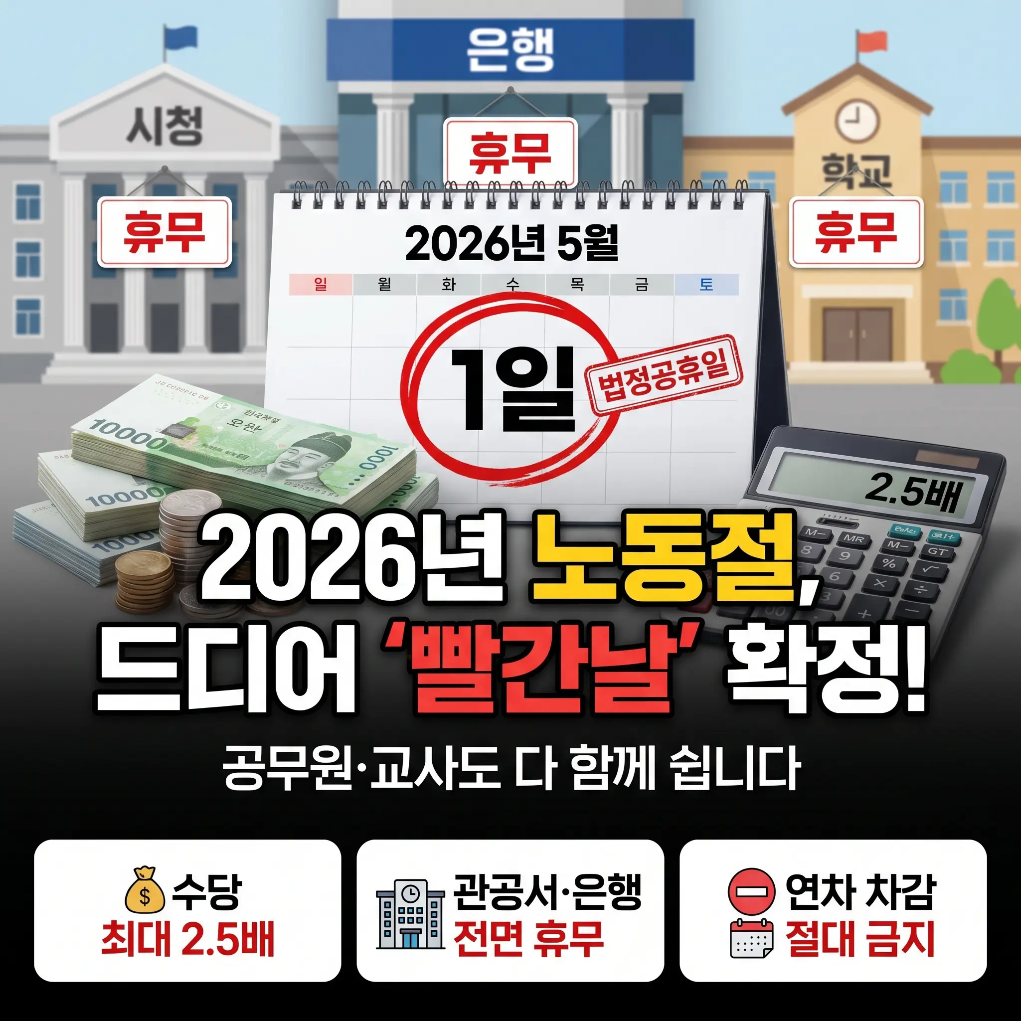 2026년 5월 1일 노동절 법정공휴일 확정 안내 썸네일. 관공서, 은행, 학교 전면 휴무 여부 및 출근 시 최대 2.5배 휴일근로수당 계산법 완벽 정리 이미지