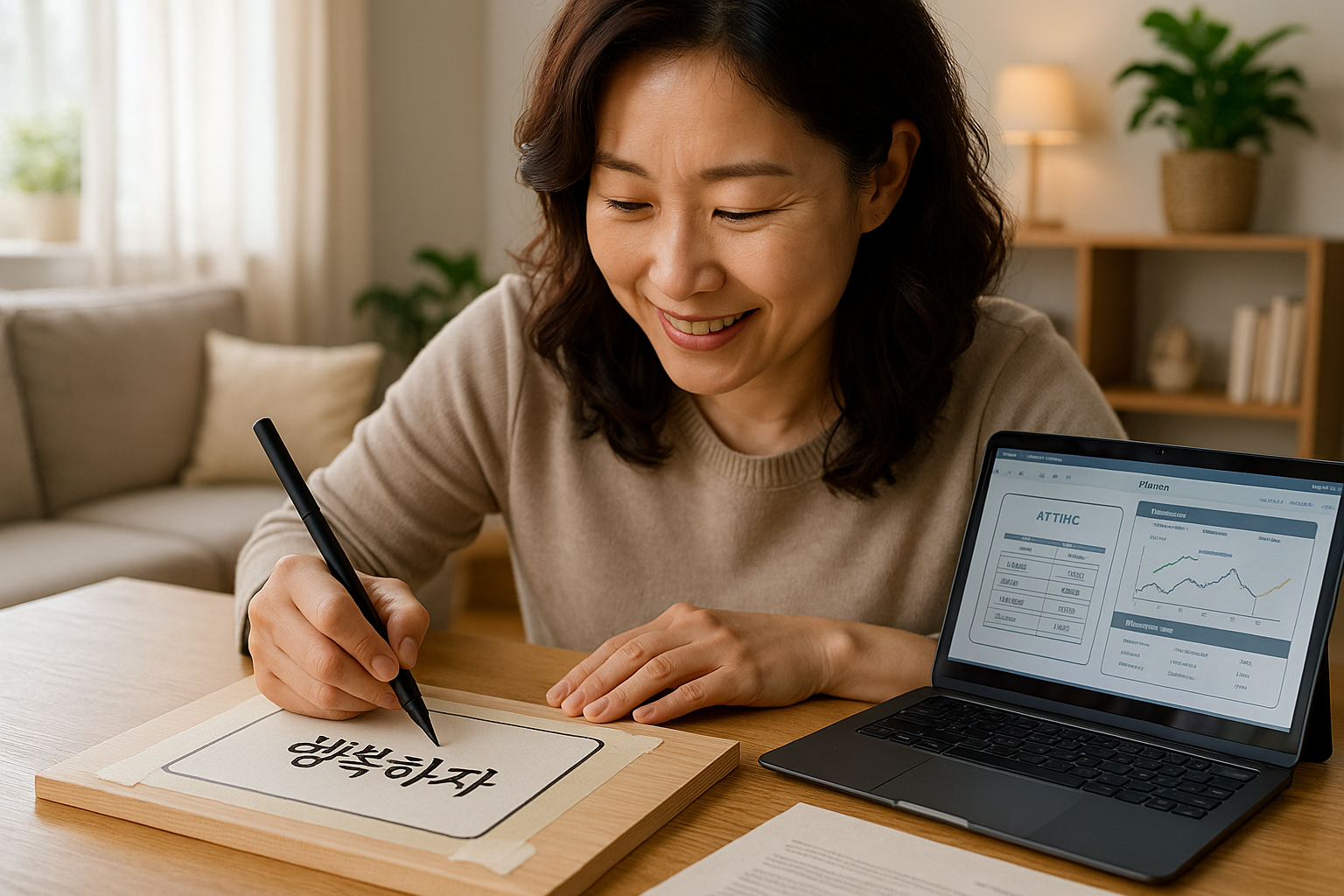 나무판에 종이를 붙혀 글씨를 연습해 보는 주부
