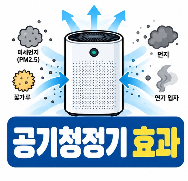 공기청정기와 미세먼지 입자 아이콘 옆에 공기청정기 효과 문구를 크게 보여주는 대표 카드