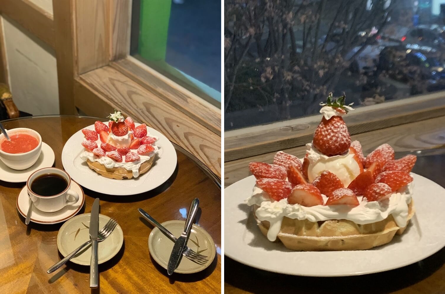 창문에 벚꽃이 보이며 와플과 음료 같이 찍은 분위기 있는 사진